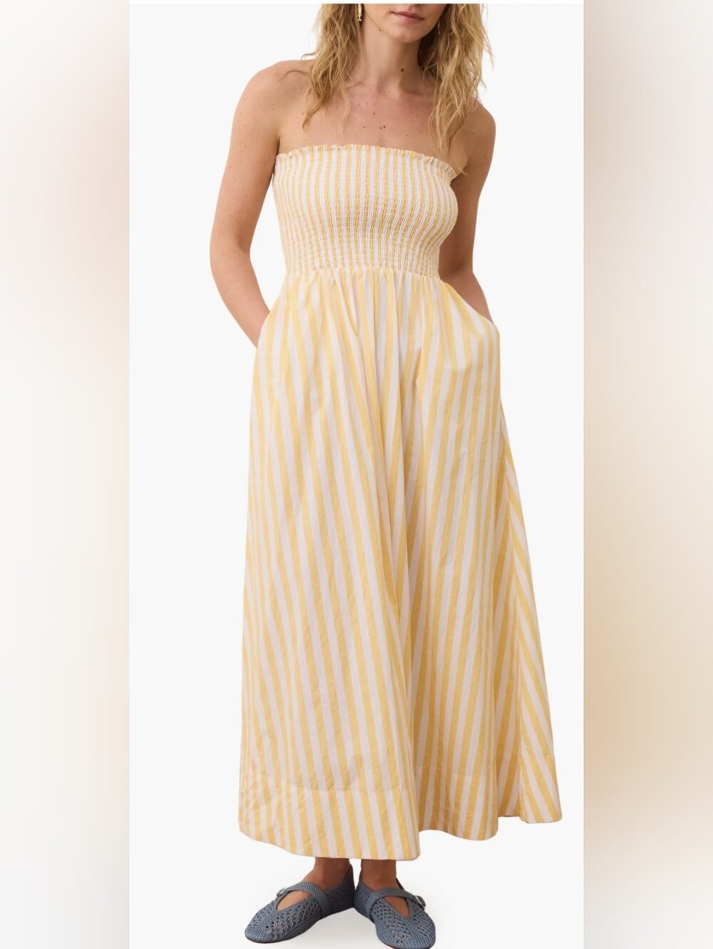 Smocked Strapless Yellow Stripe Wide-Leg Dress